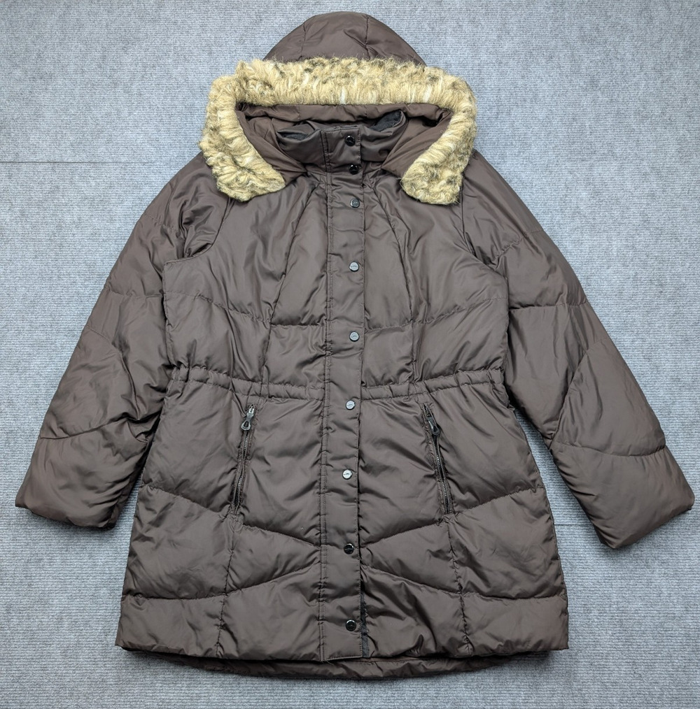 Ralph Lauren Down Puffer Jacket Womens XL Long Brown Faux Fur Hood Outdoor Parka
